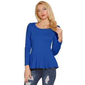Long Sleeves Scoop Neck Peplum Shirt Tops Royal Blue